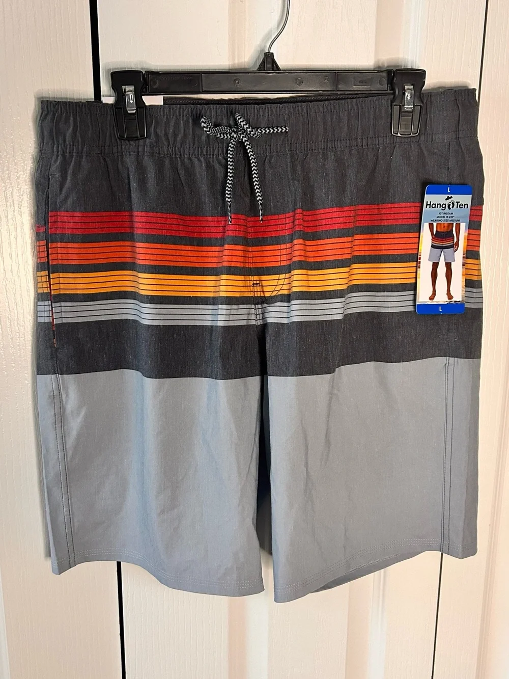 Hang Ten Mens Swim Trunks L Gray Board Shorts Beach Surf Pockets Lightweight NWT
